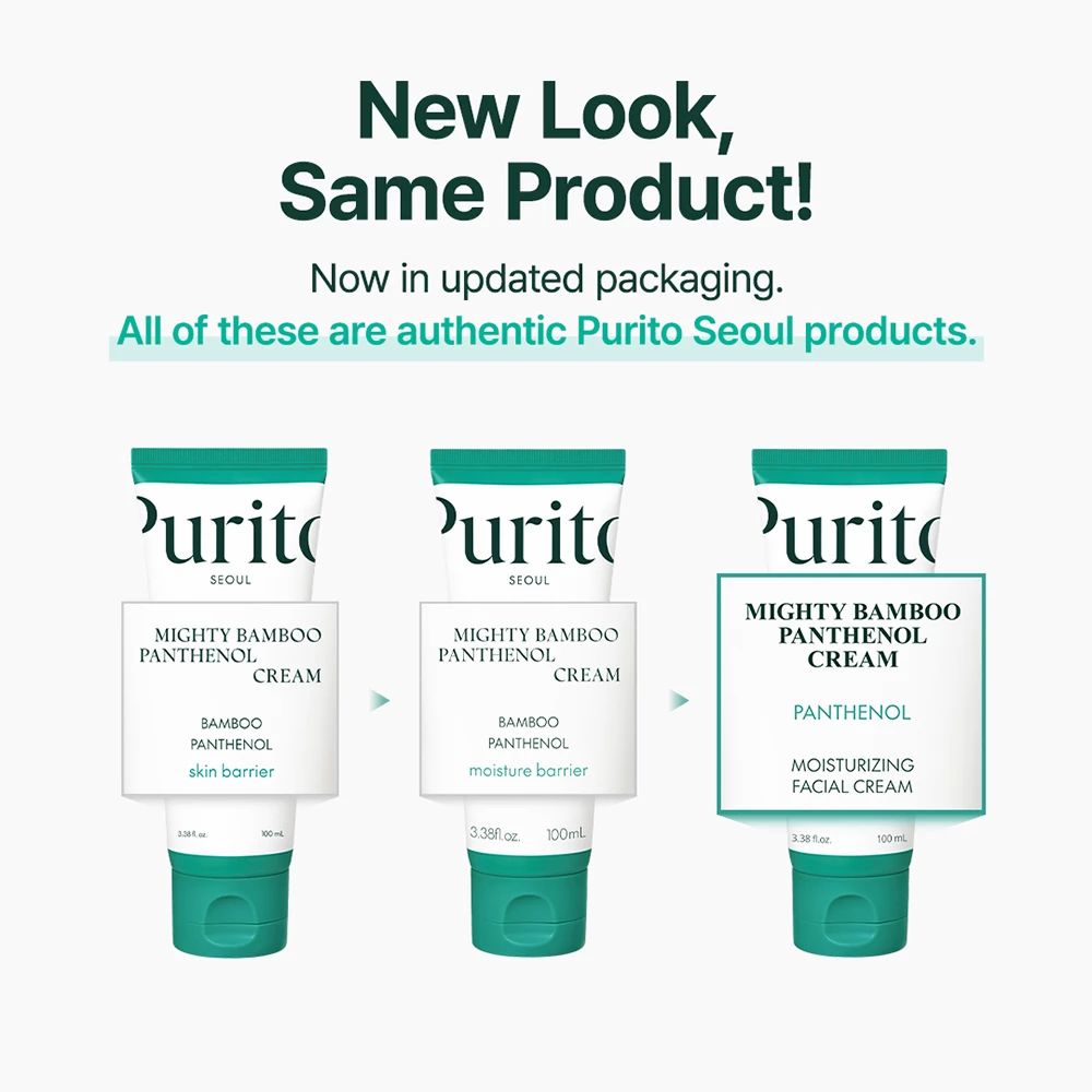 Trois tubes montrant le changement d'emballage. Inscription : Purito, Mighty Bamboo Panthenol Cream. Texte.