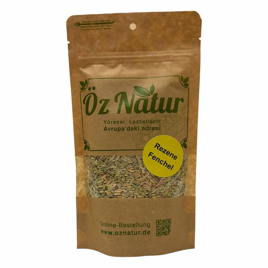 Sachet de graines de fenouil. Inscription : Öz Natur, Rezene Fenchel. Emballage marron avec fenêtre.