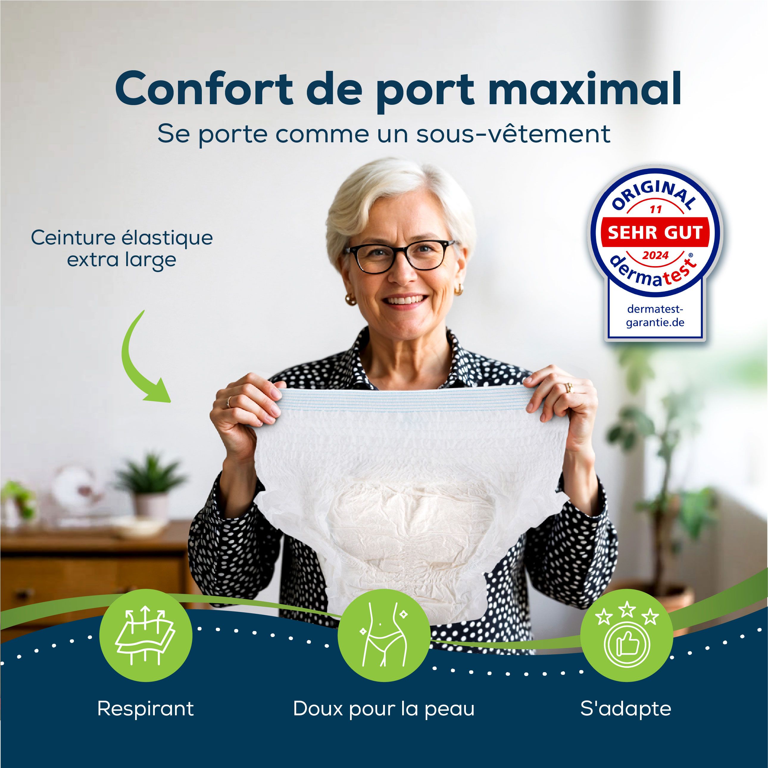 Femme tenant Sensalou Pants Super. Ceinture élastique extra large. Respirant. Doux pour la peau. S'adapte.