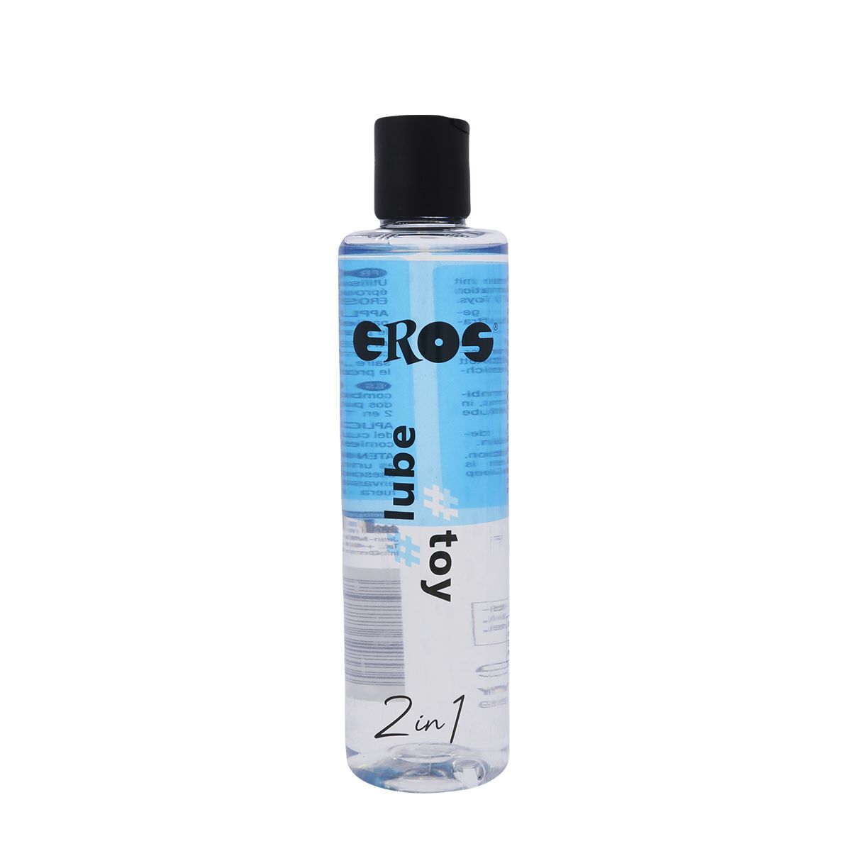 Bouteille avec bouchon noir. Inscription: EROS, #lube, #toy, 2en1. Liquide transparent.