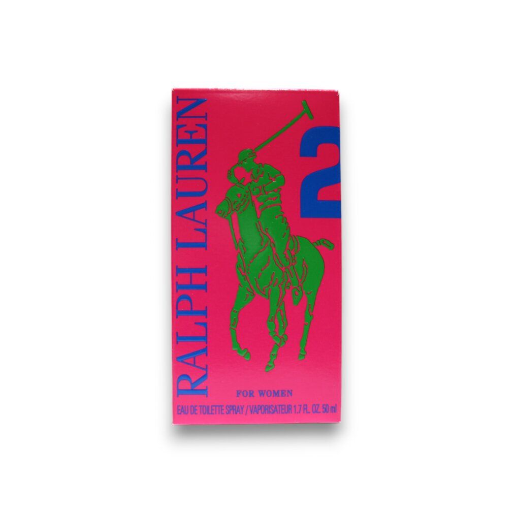 Boîte rose avec logo vert et "2" bleu. "Ralph Lauren" et nom du produit. Pour femmes.