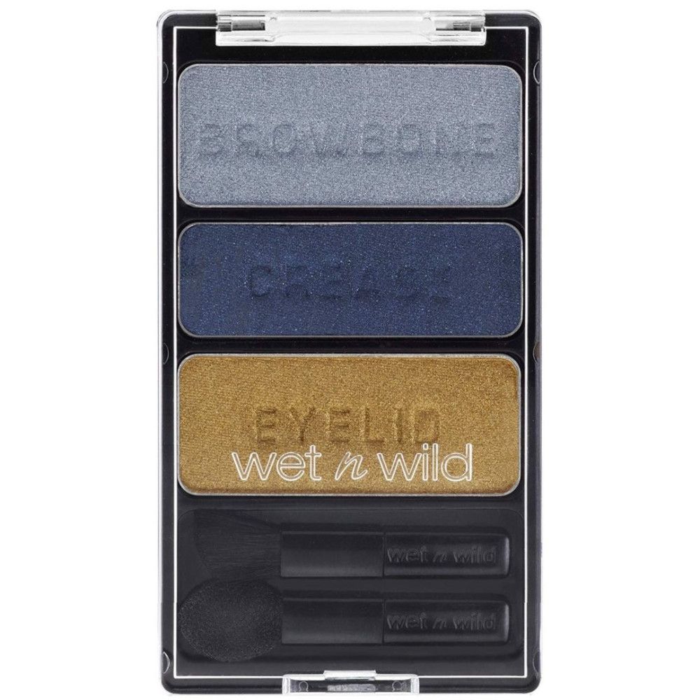 Wet n Wild oogschaduw trio. Drie tinten: blauw, goud en grijs. Met applicators. Zwarte verpakking met transparant deksel.