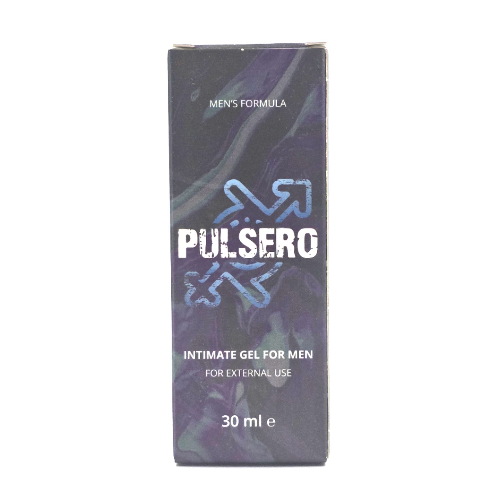 Boîte noire rectangulaire. Inscription "PULSERO" en blanc et bleu. Texte : "INTIMATE GEL FOR MEN". En bas : "30 ml e".