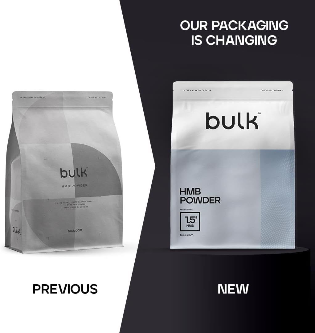 Comparaison : ancien et nouvel emballage "bulk". Gauche : gris. Droite : blanc avec "HMB Powder".