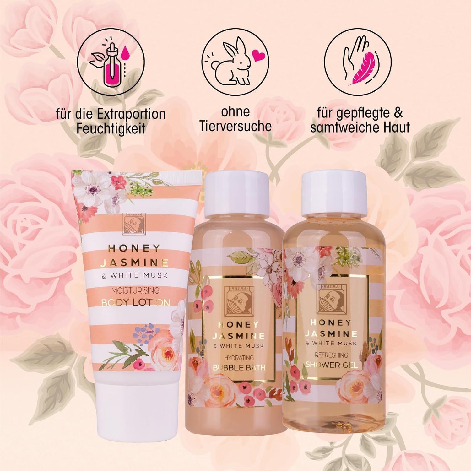 Drie producten: bodylotion, douchegel en badschuim. Opschrift: HONEY JASMINE & WHITE MUSK. Producten met bloemmotief en logo's.