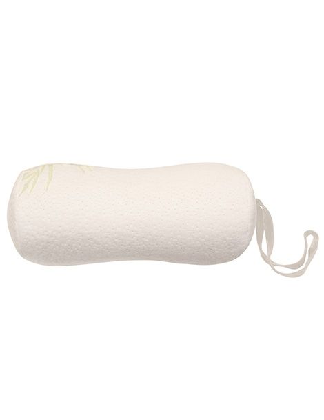 Wit bamboe pinda kussen. Cilindrische vorm met lint. Logo Lucovitaal. Productweergave.