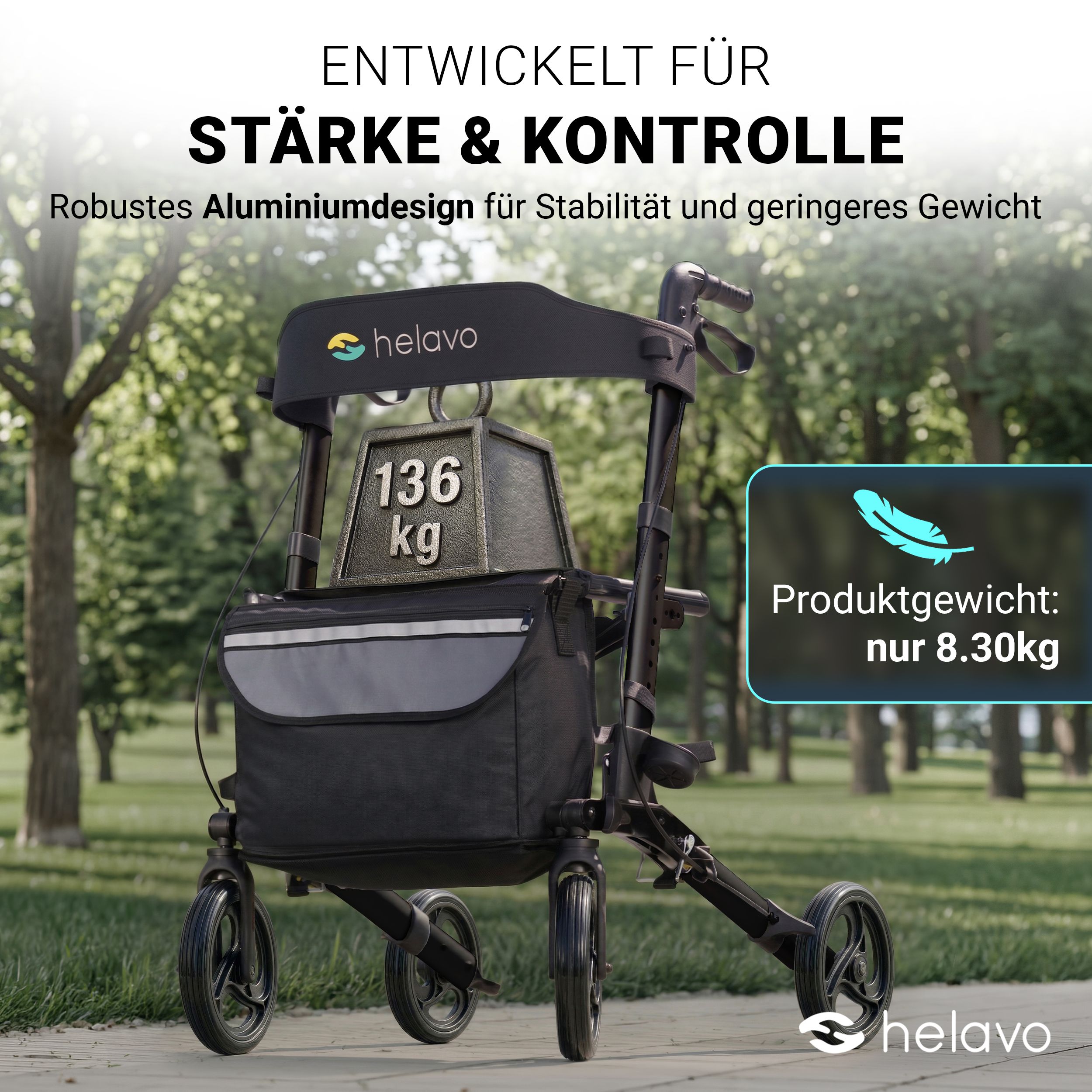 Rollator Helavo avec siège et sac, capacité 136 kg. Poids du produit 8,3 kg.