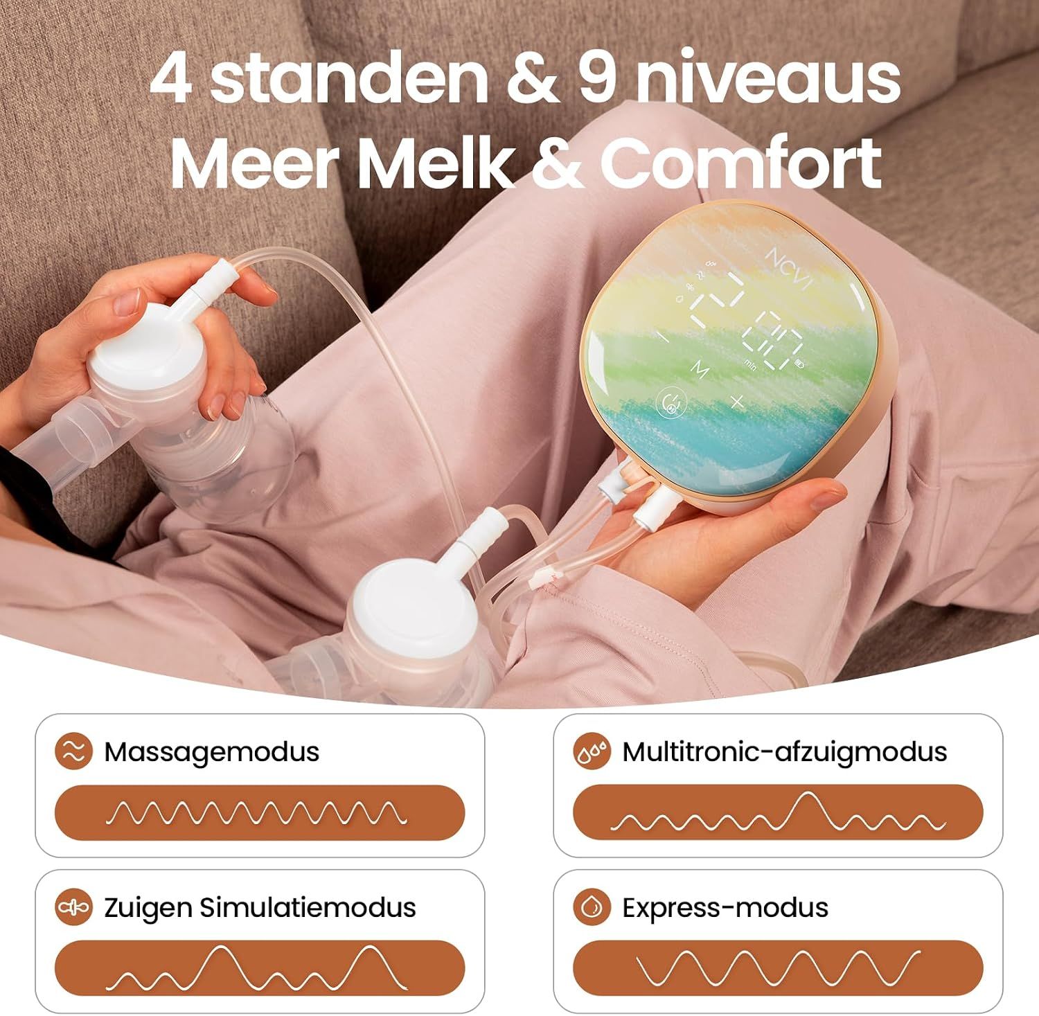 Draagbare borstkolf met digitaal display en twee borstschilden. Toont vier standen en negen niveaus.