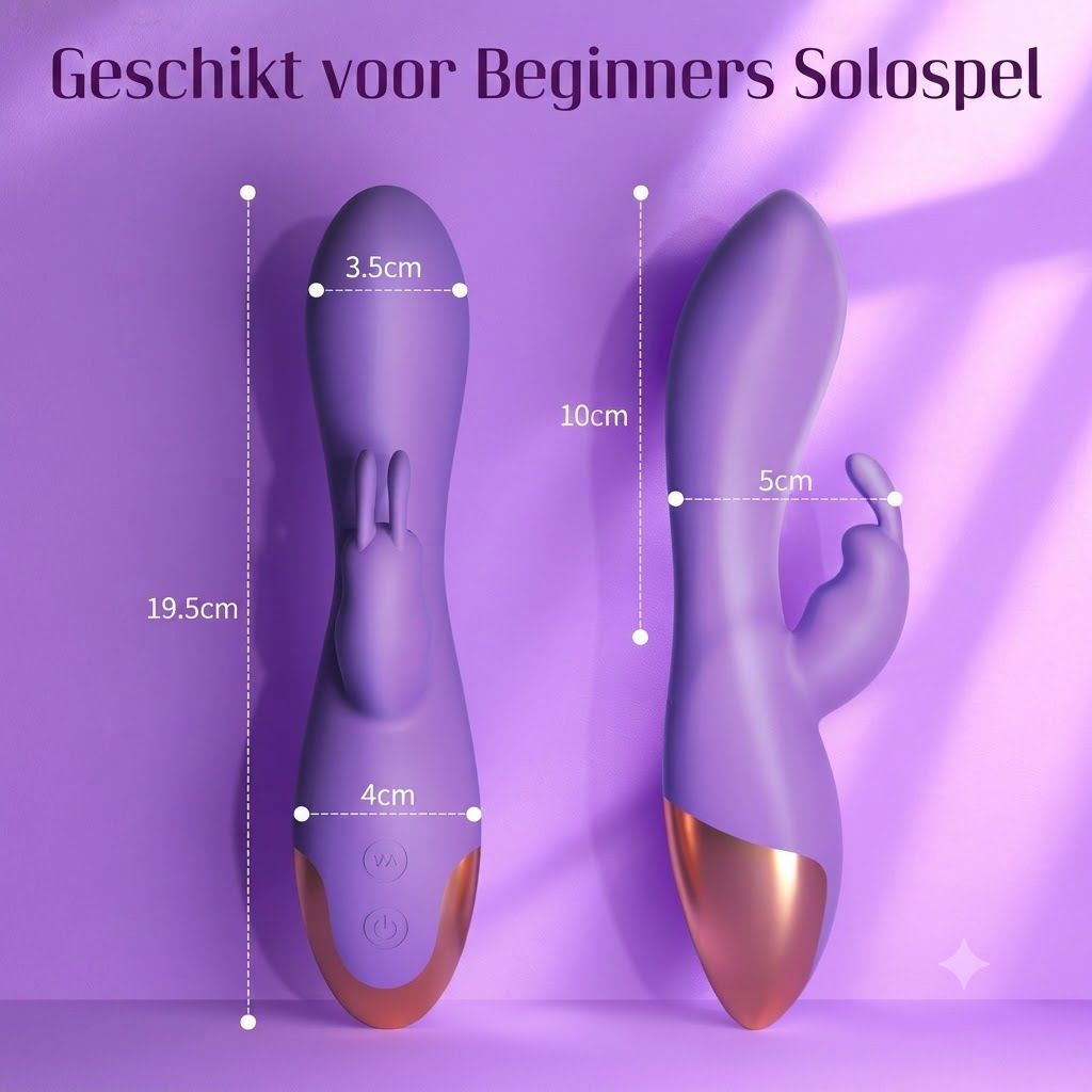 Paarse vibrator met konijnenoor-applicator. Afmetingen: 19,5 cm lang, 3,5 cm breed aan de kop, 4 cm breed aan de basis.