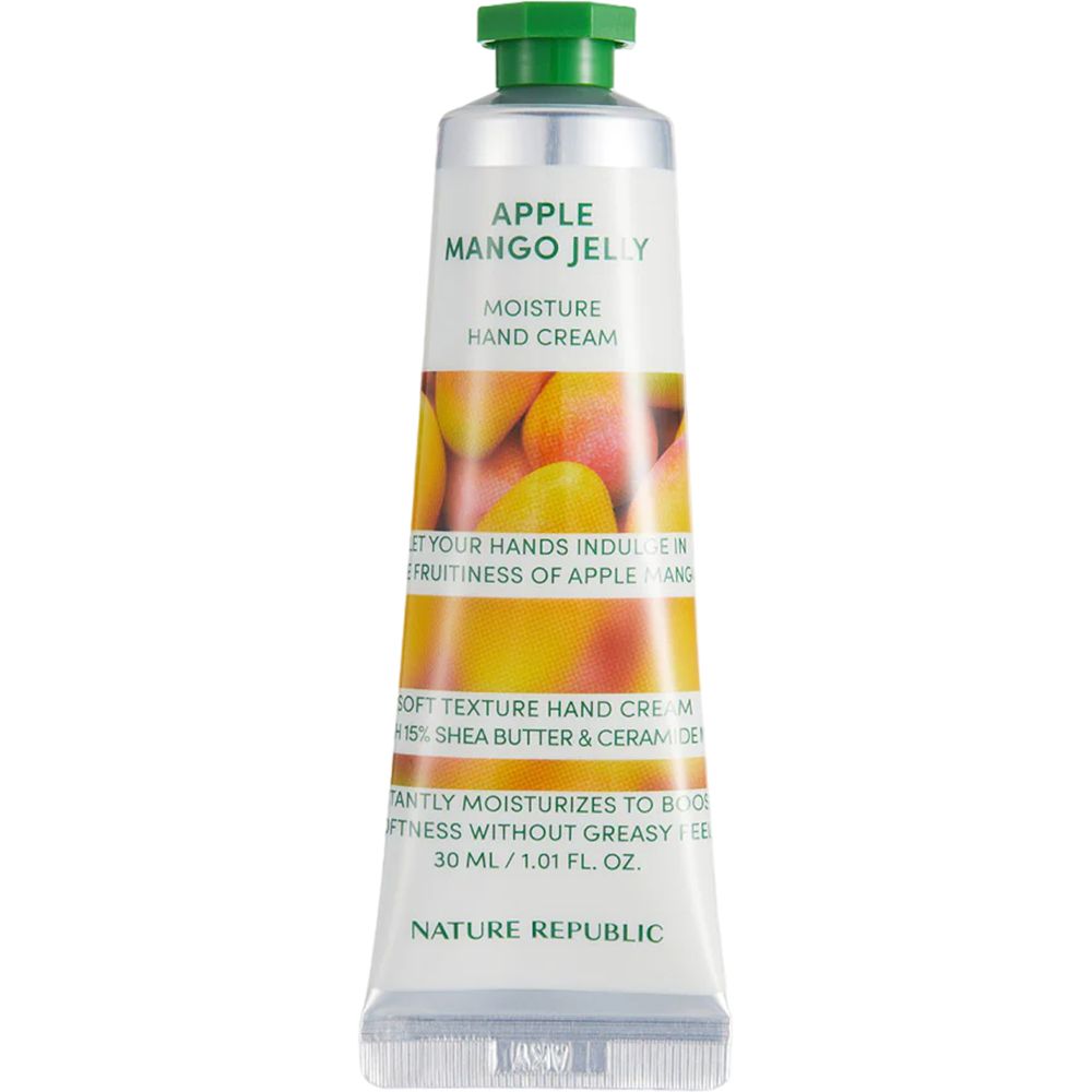 Tube de crème pour les mains Apple Mango Jelly. Logo et illustration de mangues.