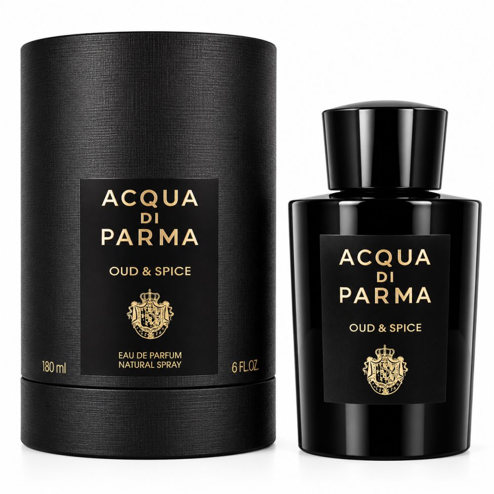 Flacon Acqua di Parma Oud & Spice Eau de Parfum et son cylindre de présentation noir.