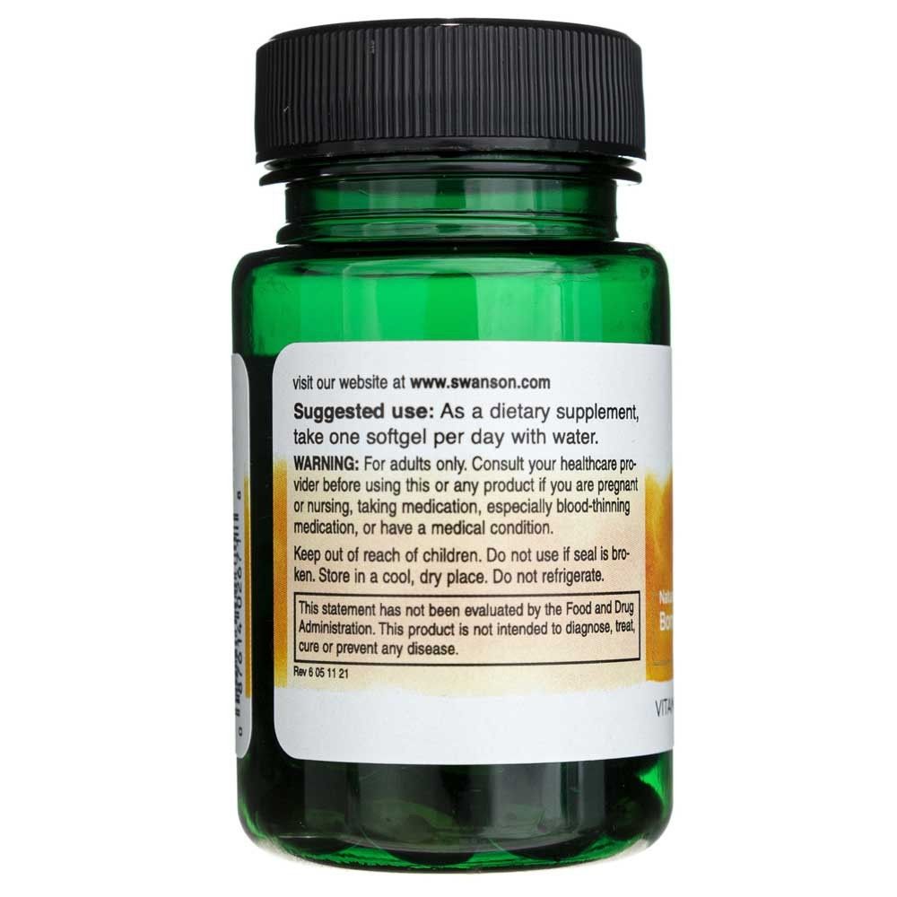 Arrière d'une bouteille de Softgels de Vitamine K-2 SWANSON. Affiche les instructions d'utilisation et les avertissements.