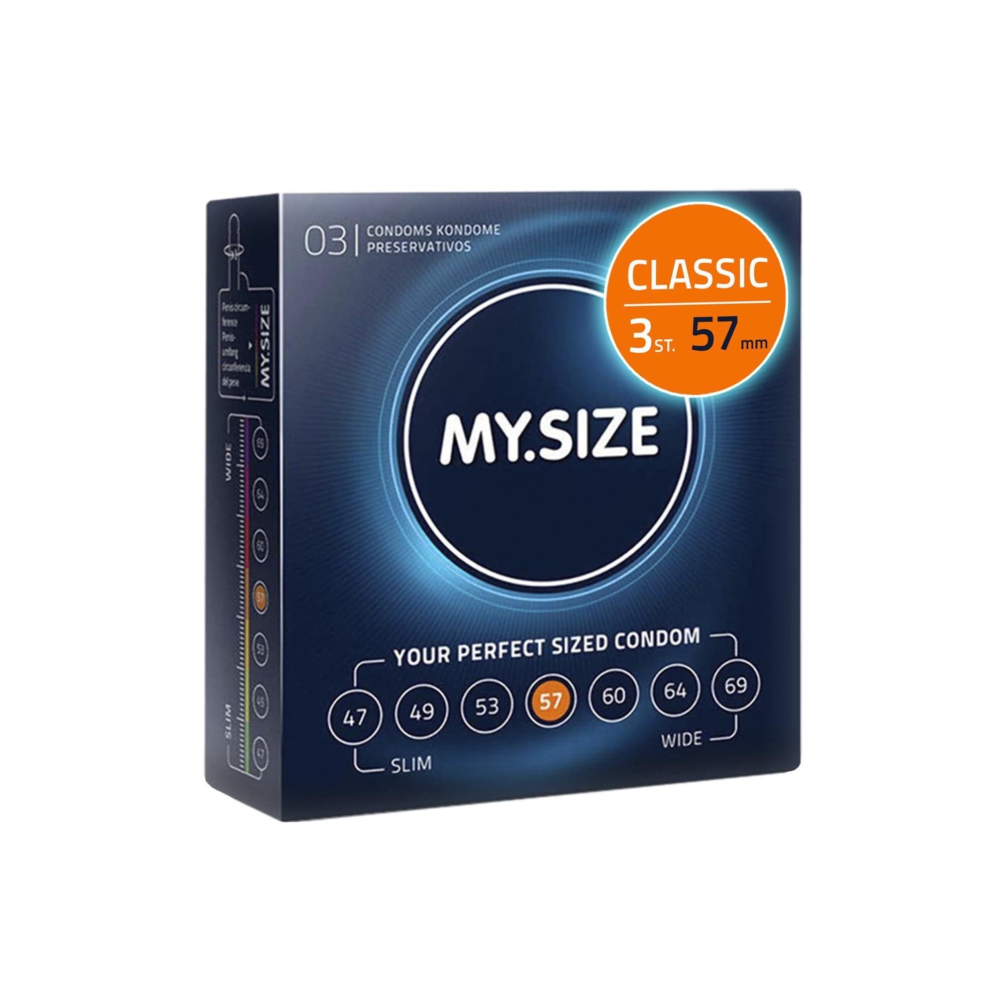 Reclamebeeld: Paar, vrouw kust man, omringd door MY.SIZE 57 condoomverpakkingen.