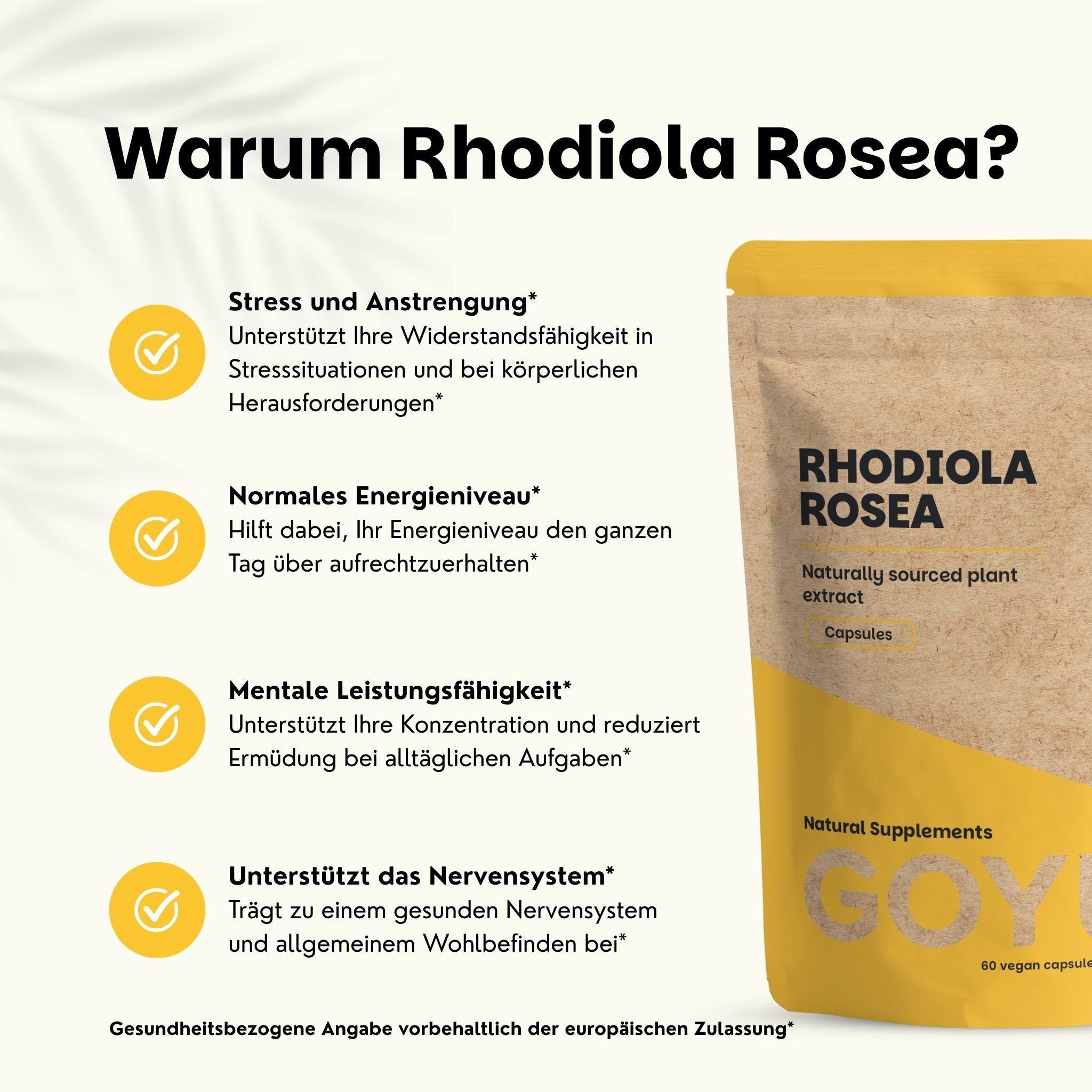 Zakje Rhodiola Rosea capsules, natuurlijke voedingssupplementen.
