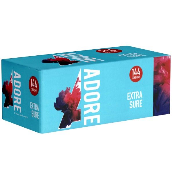 Lichtblauwe doos "ADORE EXTRA SURE" met 144 condooms. Logo en productnaam.