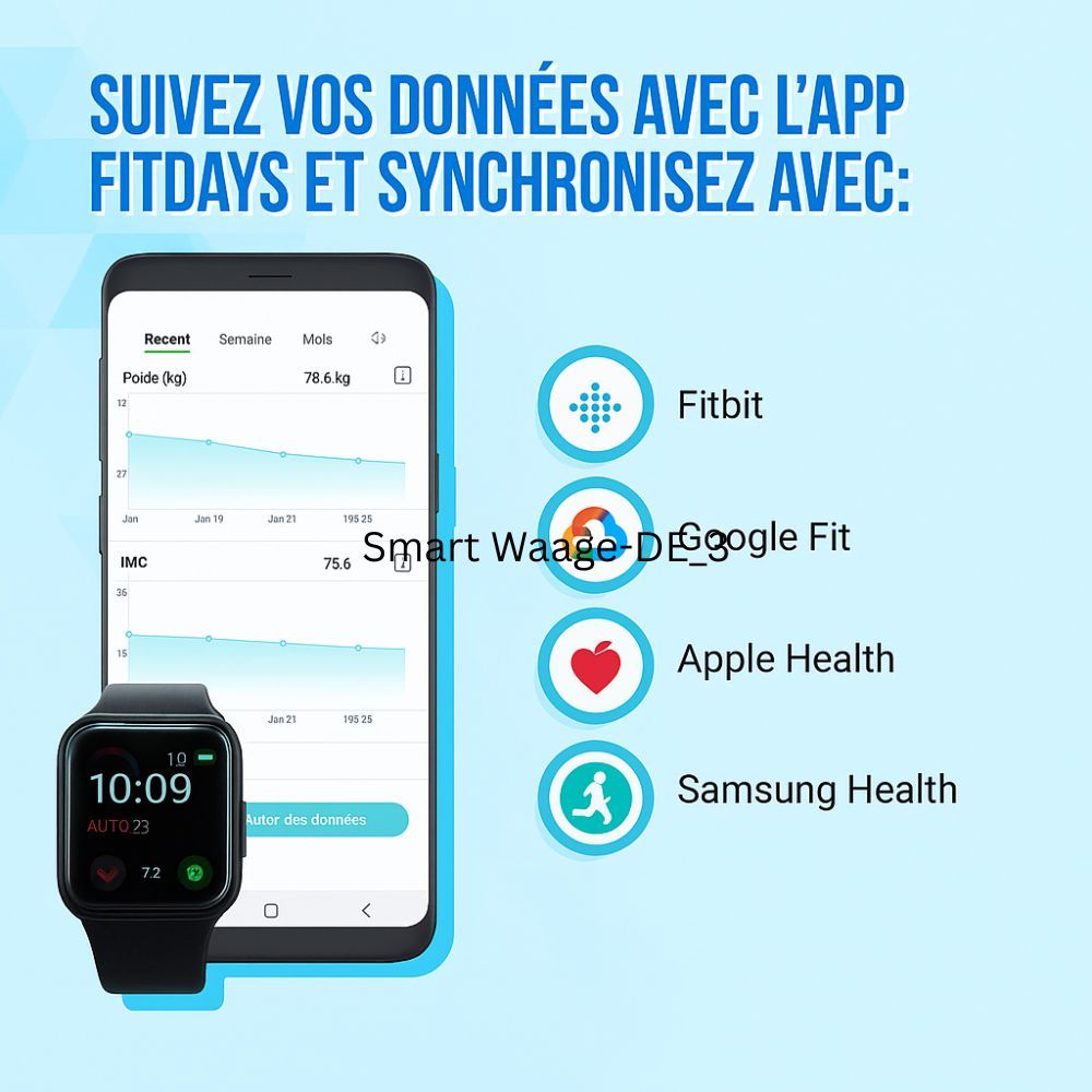 Smartphone, smartwatch et graphiques. Intégration de l'application avec Fitbit, Google Fit, Apple Health et Samsung Health.