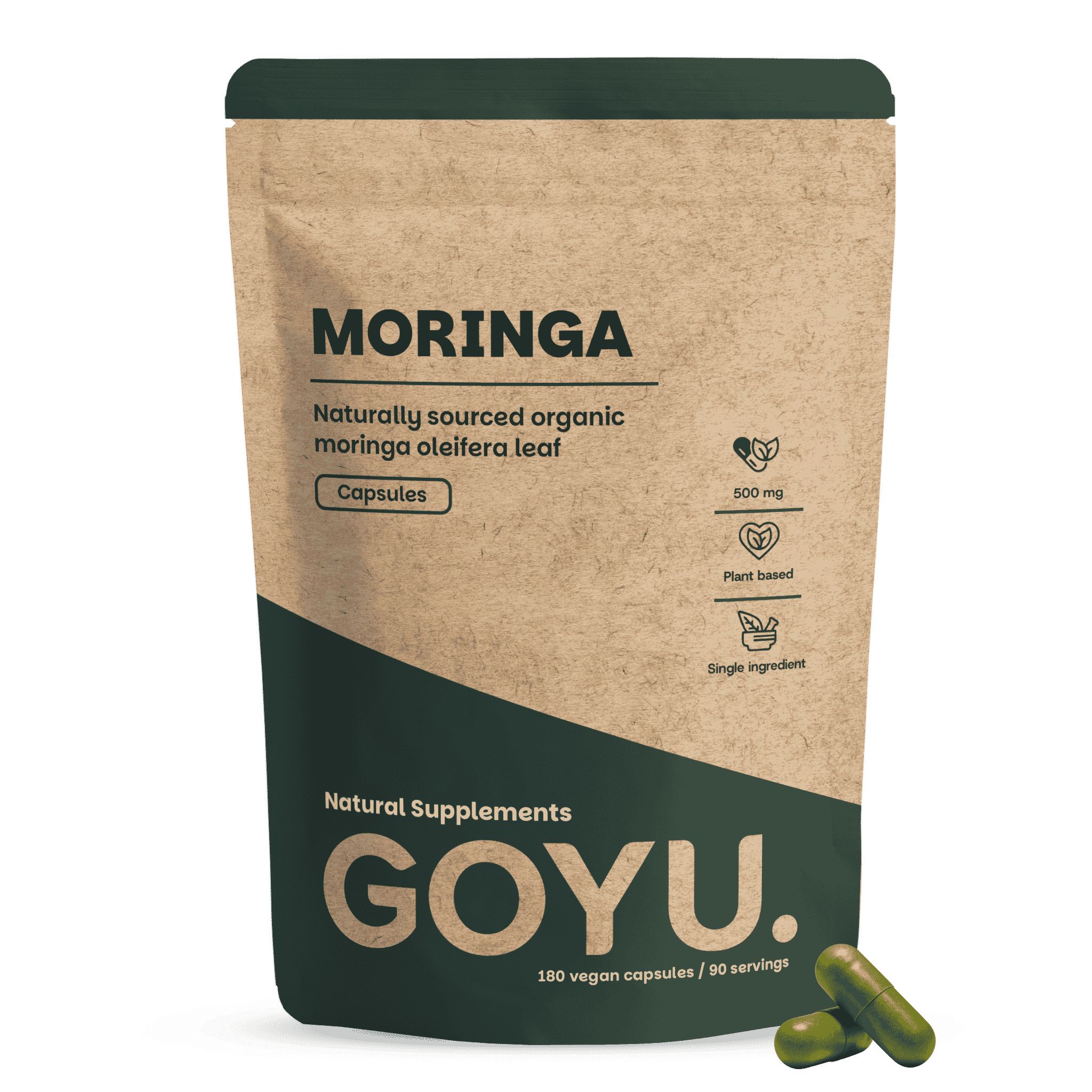Pochette refermable marron avec capsules de Moringa, 500 mg, bio, vegan.