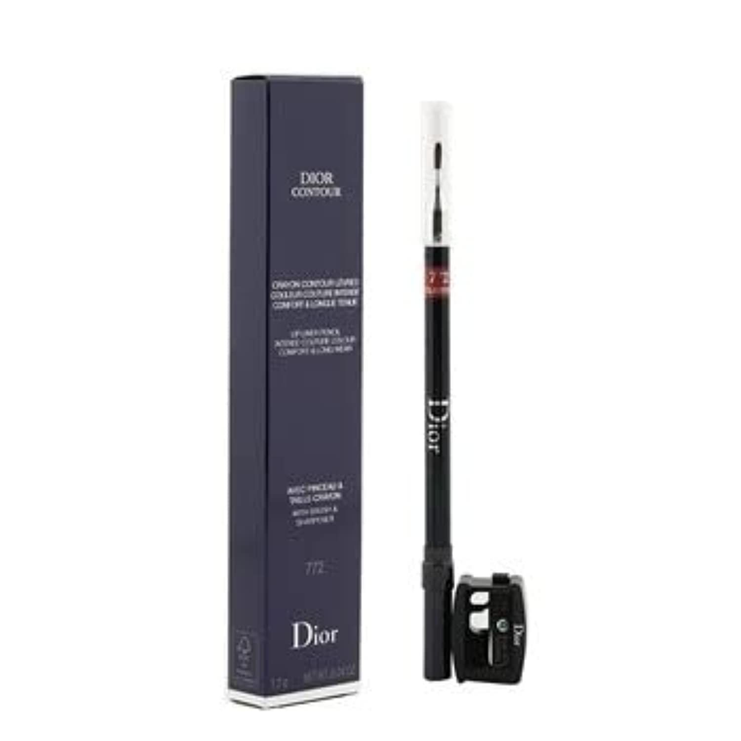 Donkerblauwe verpakking en zwarte potlood. Opschrift: DIOR CONTOUR, 772. Met puntenslijper.