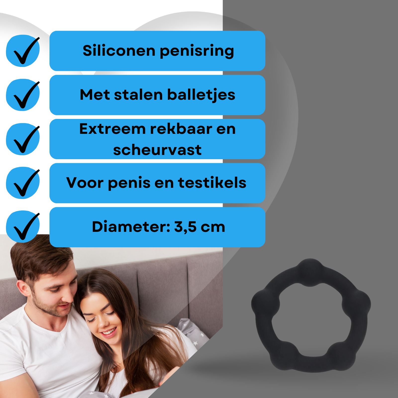 Lovelyness - Siliconen penisring met stalen balletjes, maat M