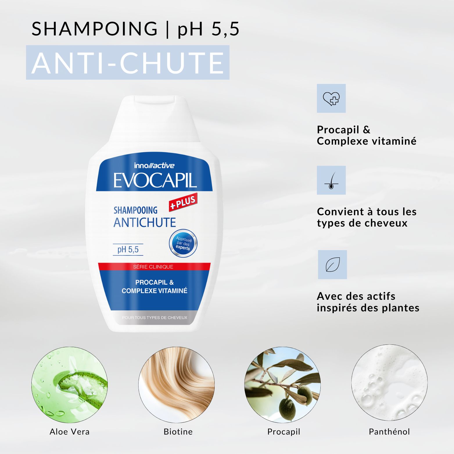 Produits Evocapil avec sceau 'Qualité Vérifiée' pour Shampooing, Spray, Comprimés.