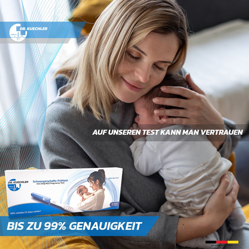 Femme avec bébé, emballage de test de grossesse au premier plan. "Jusqu'à 99% de précision".