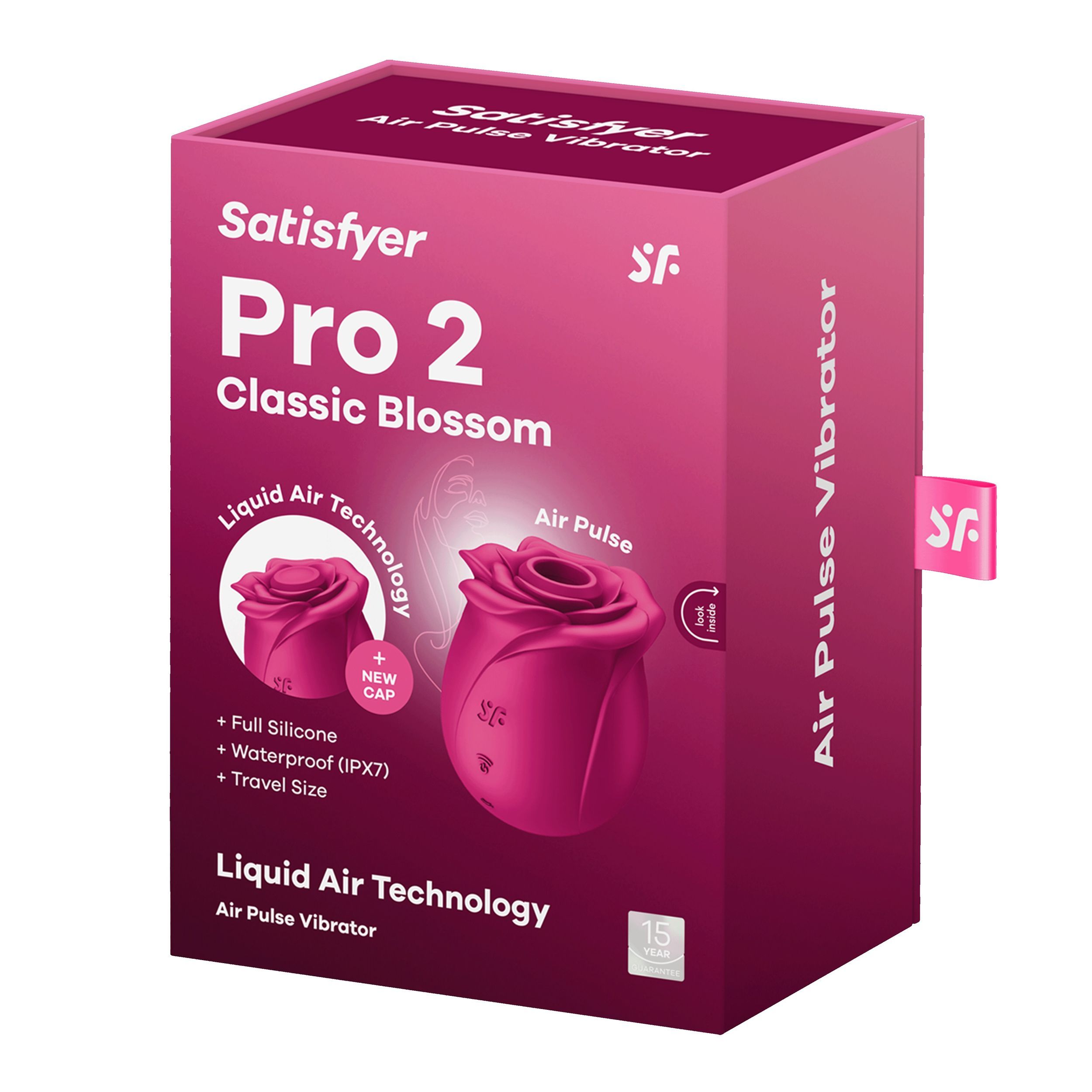 Verpakking van Satisfyer Pro 2 Classic Blossom. Roze, met productafbeelding en tekst.