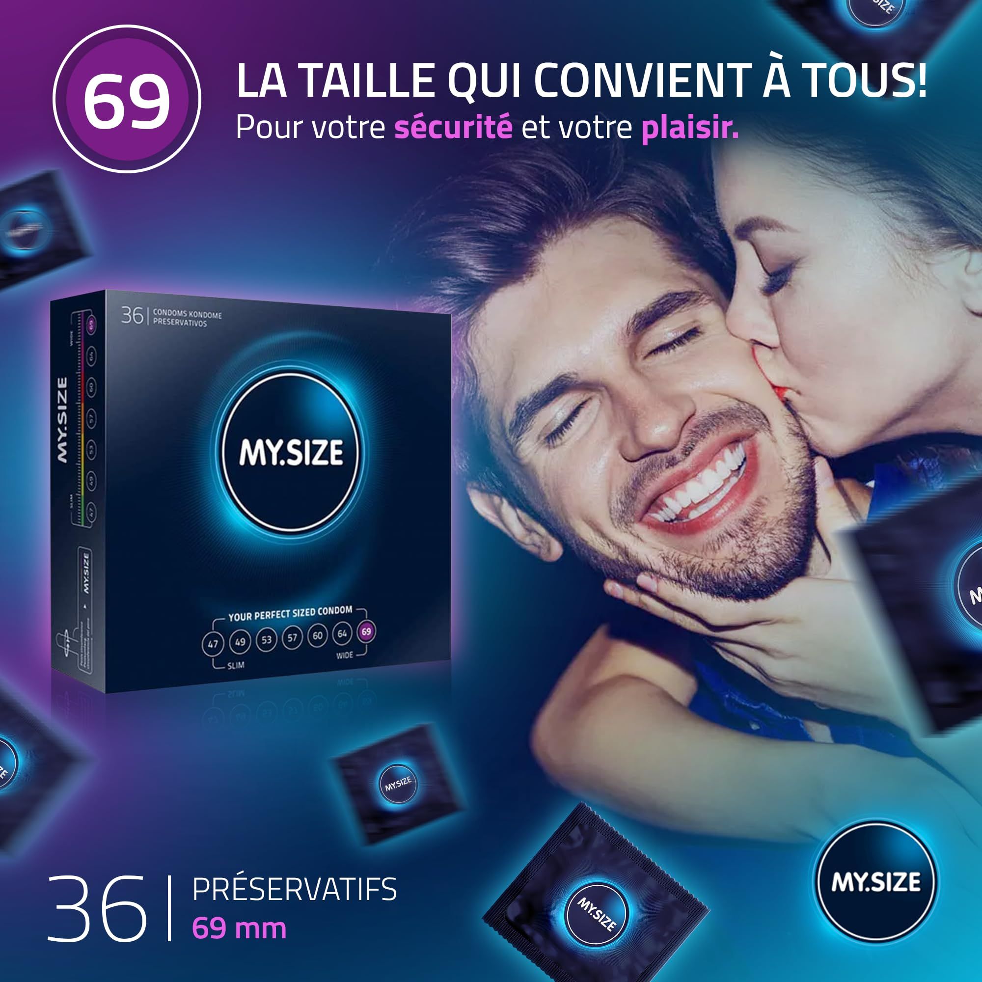 MY.SIZE 36 préservatifs, taille 69 mm. Boîte avec indications de taille.