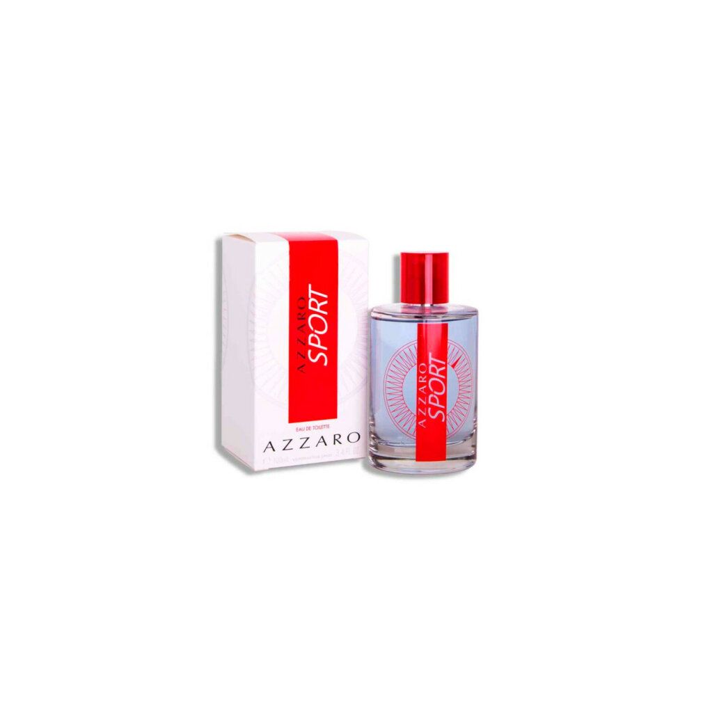 Flacon et emballage avec bande rouge. Inscription : AZZARO SPORT. Flacon avec bouchon rouge.