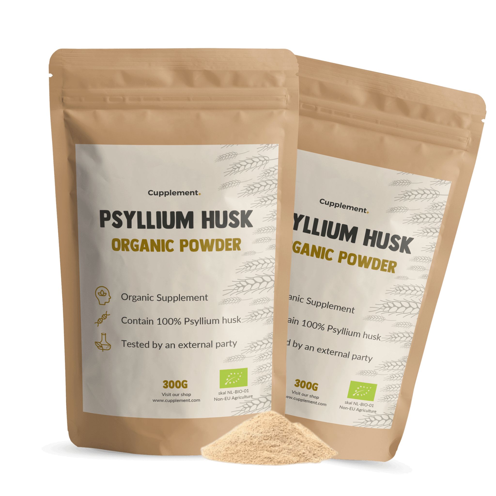 Twee zakken psylliumpoeder. Bruine papieren verpakking. Tekst: Cupplement, Psyllium Husk Organic Powder, 300g.