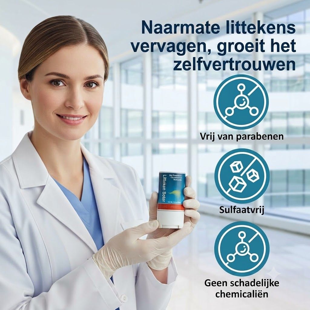 Arts houdt een witte en blauwe pot vast met opschrift 'Lirisan Boter'. Iconen tonen 'Vrij van parabenen', 'Sulfaatvrij', 'Geen schadelijke chemicaliën'.