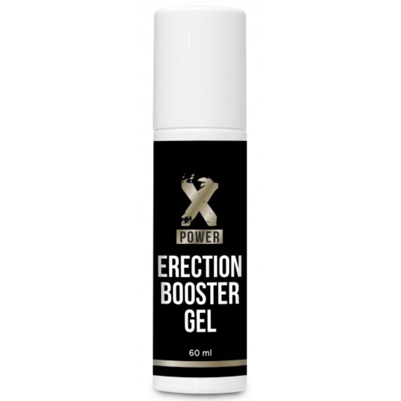 Bouteille de gel Xpower Erection Booster, 60 ml. Étiquette noire avec logo et texte dorés.