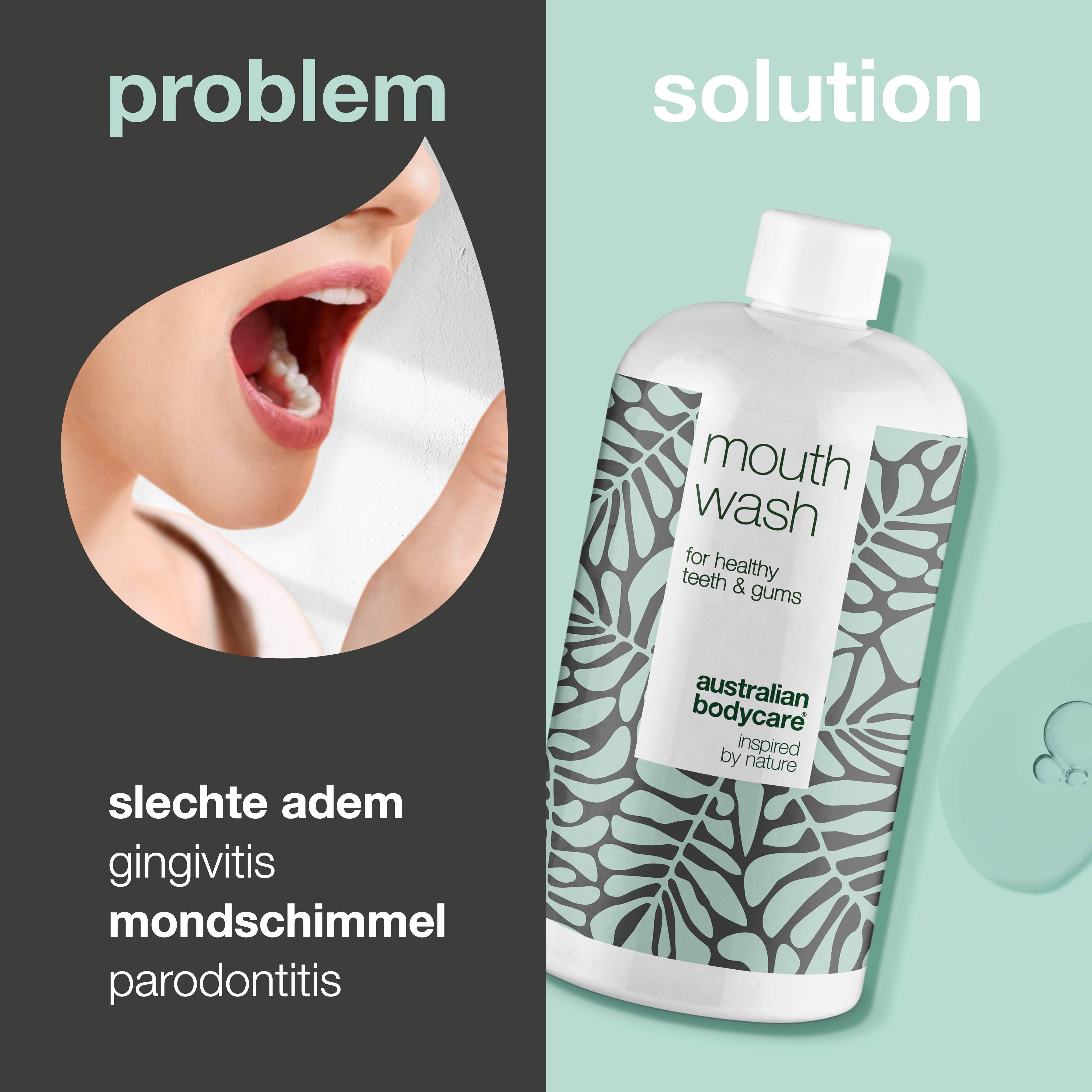 Afbeelding met probleem en oplossing. Mond met slechte adem, daarnaast fles mondspoeling. Opschrift: Mouth Wash.