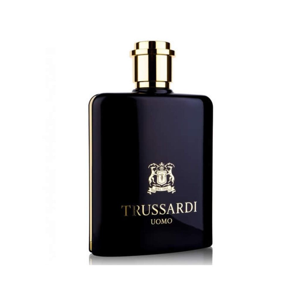 Zwarte fles met gouden dop. Trussardi Uomo logo en wapen op de voorkant.