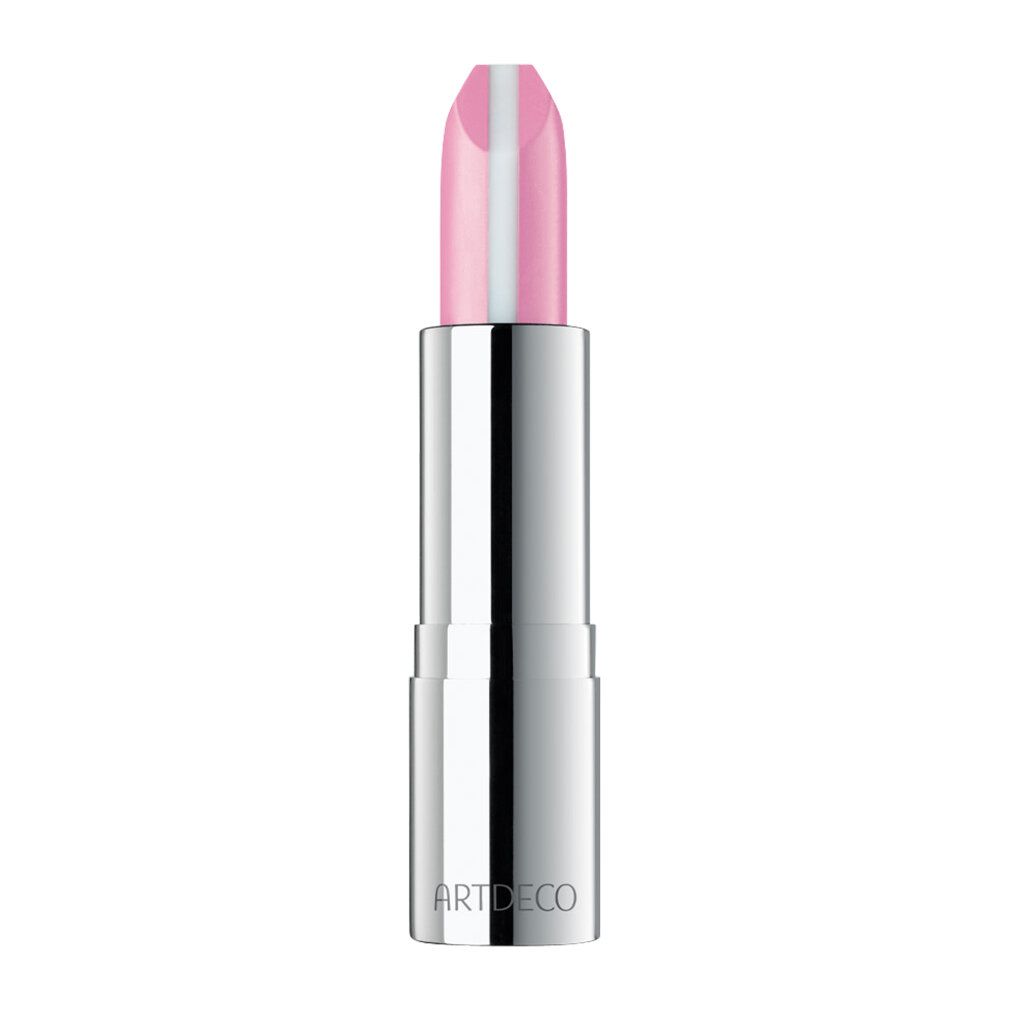Een lipstick met roze lipstick en een witte middenlijn. De lipstick heeft een zilveren huls. Tekst: ARTDECO.