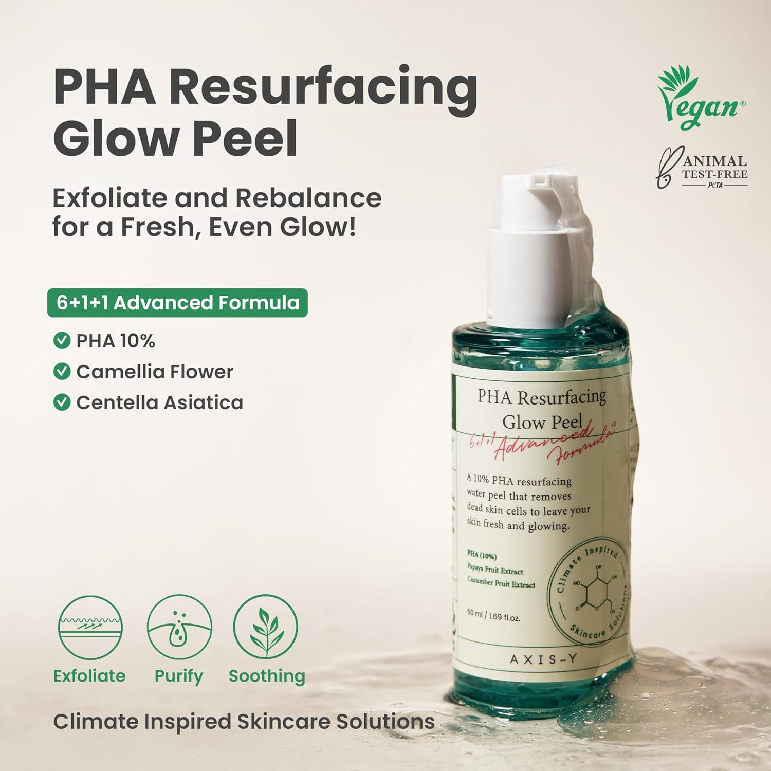 Productfles met tekst: PHA Resurfacing Glow Peel. Vegan en dierproefvrij keurmerk. Ingrediënten.