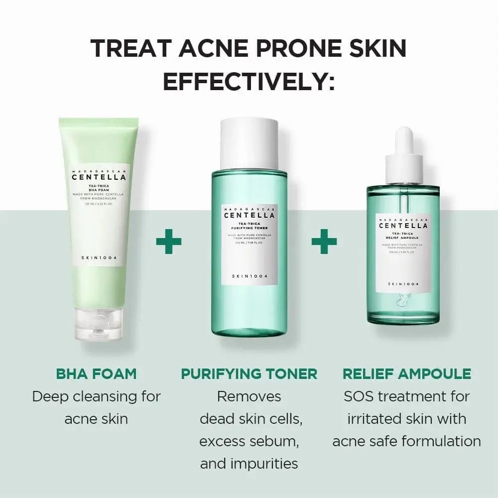Drie producten: BHA FOAM, PURIFYING TONER, RELIEF AMPULE. Tekst: TREAT ACNE PRONE SKIN EFFECTIVELY. Productnamen.
