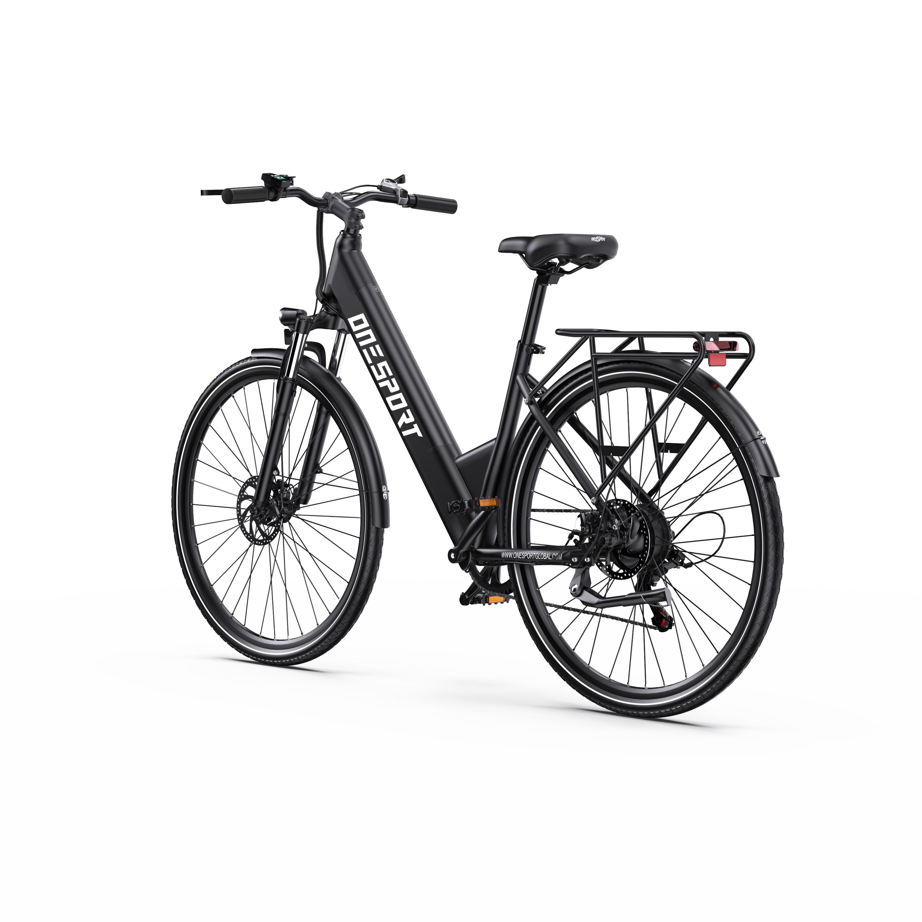 Vélo électrique noir avec le mot ONESPORT. Porte-bagages, garde-boue et phare sont reconnaissables.