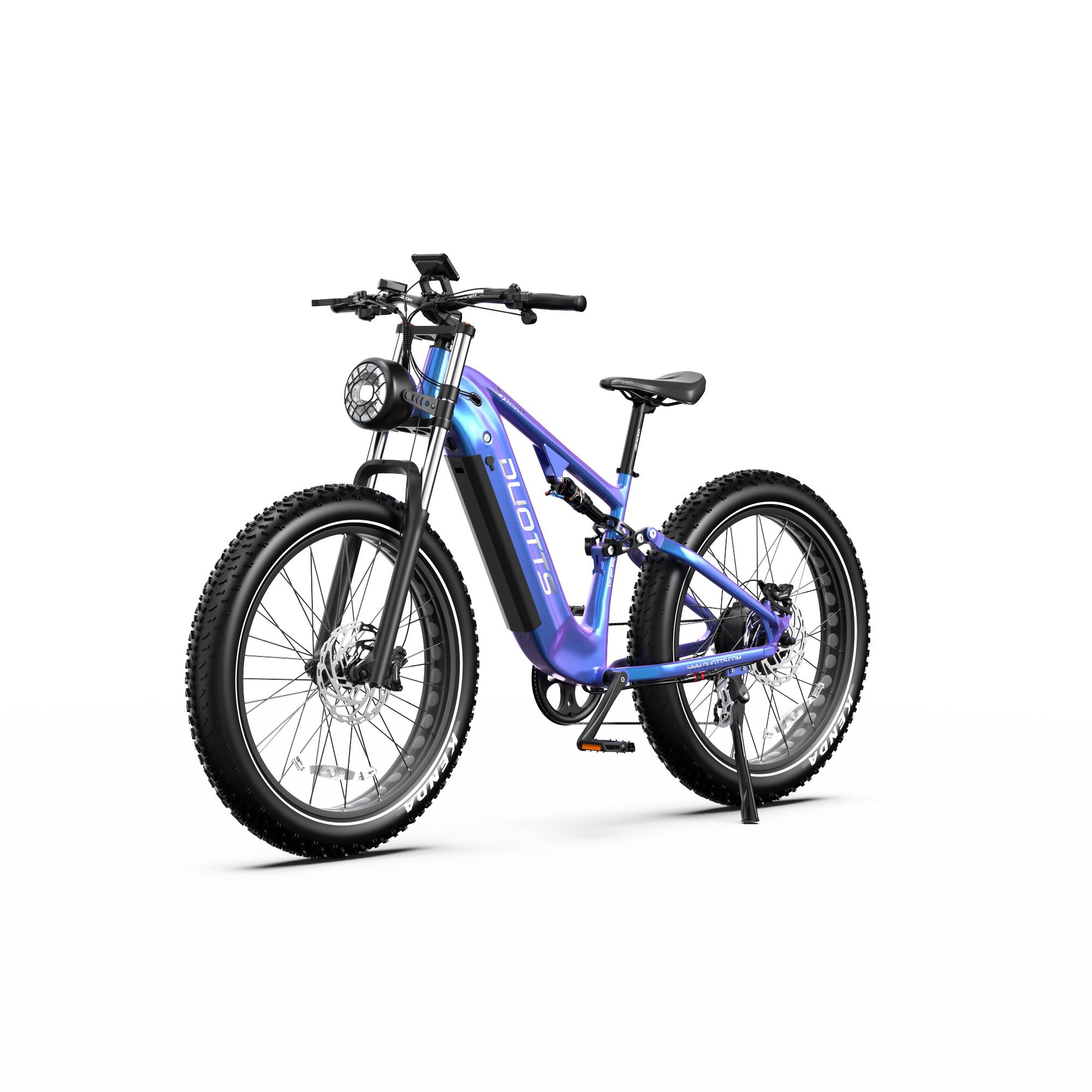Elektrische mountainbike met kleurovergang. Zwarte banden, zadel en stuur. DUOTTS-logo op frame. Koplamp.