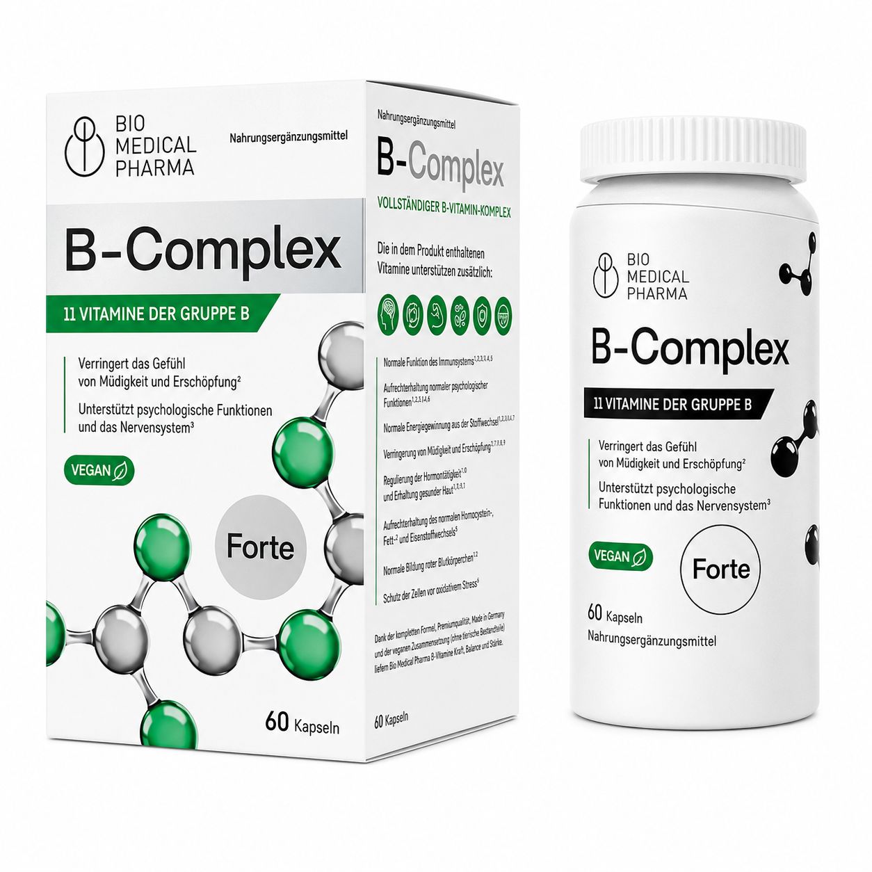 Bio Medical Pharma B-Complex Gélules : Boîte et flacon de 60 gélules.