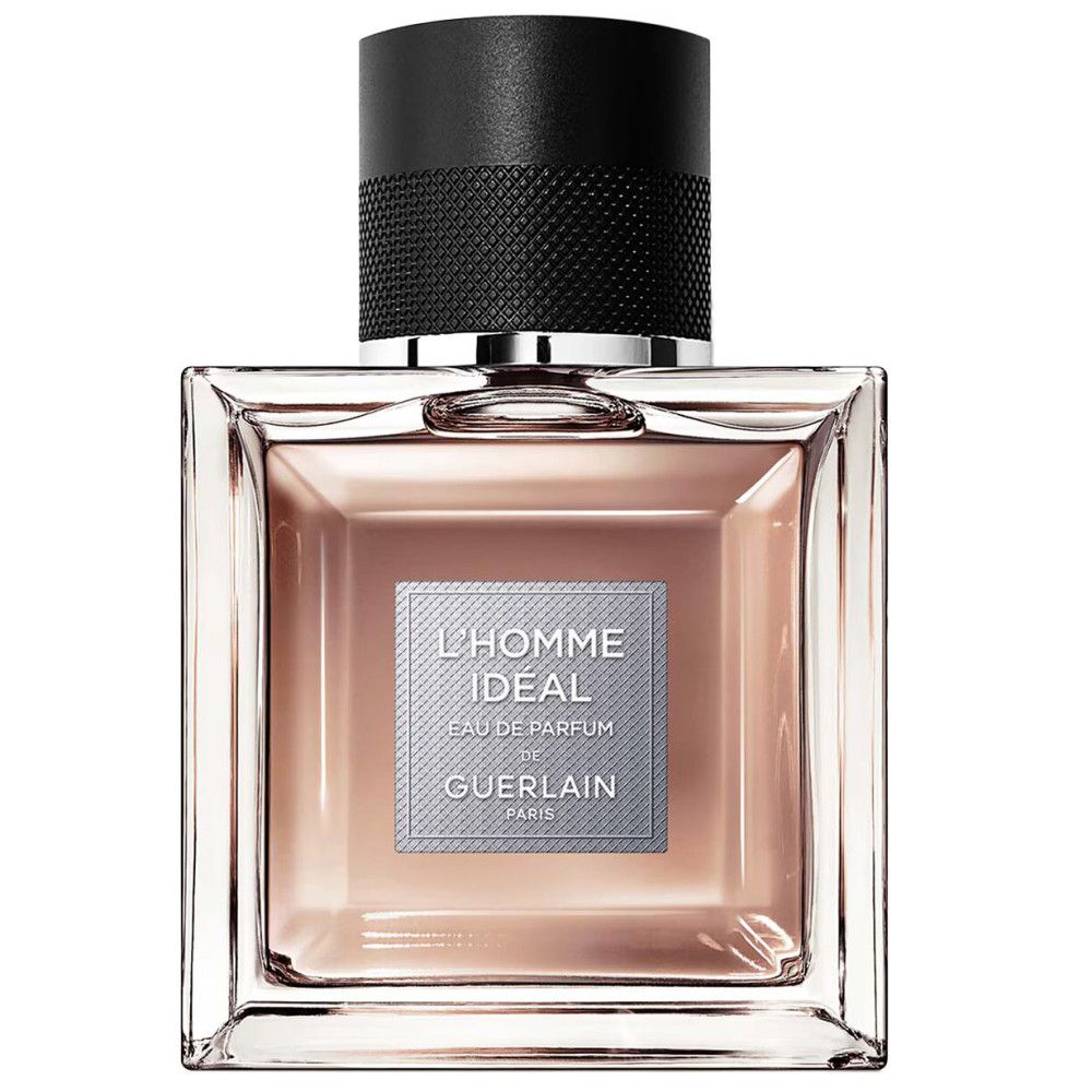 Guerlain L'Homme Ideal Eau de Parfum. Vierkante fles, zwarte dop. Tekst: L'Homme Ideal, Guerlain.