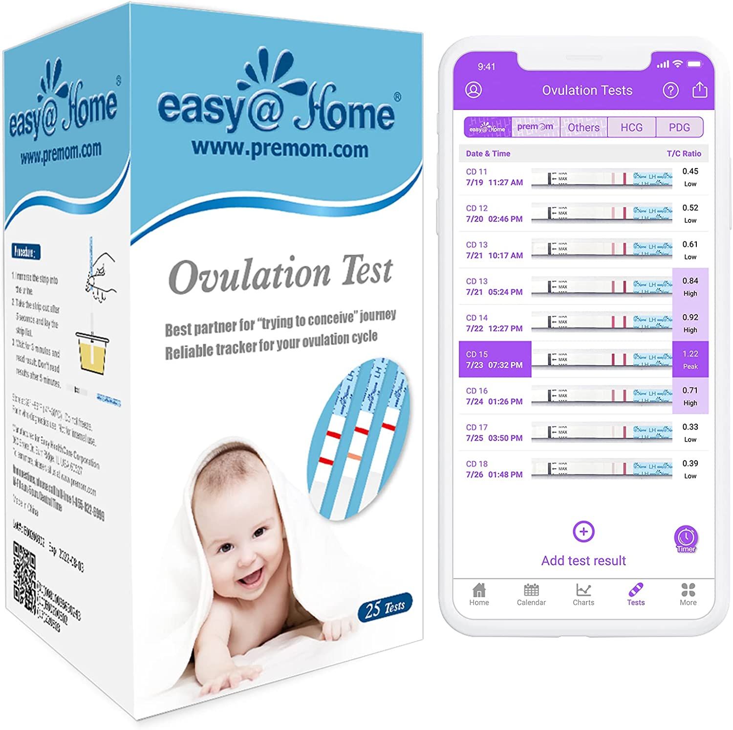 Boîte bleue et blanche avec test d'ovulation, photo de bébé, bandelettes de test et smartphone avec résultats. Texte: easy@Home, Ovulation Test, 25 tests.