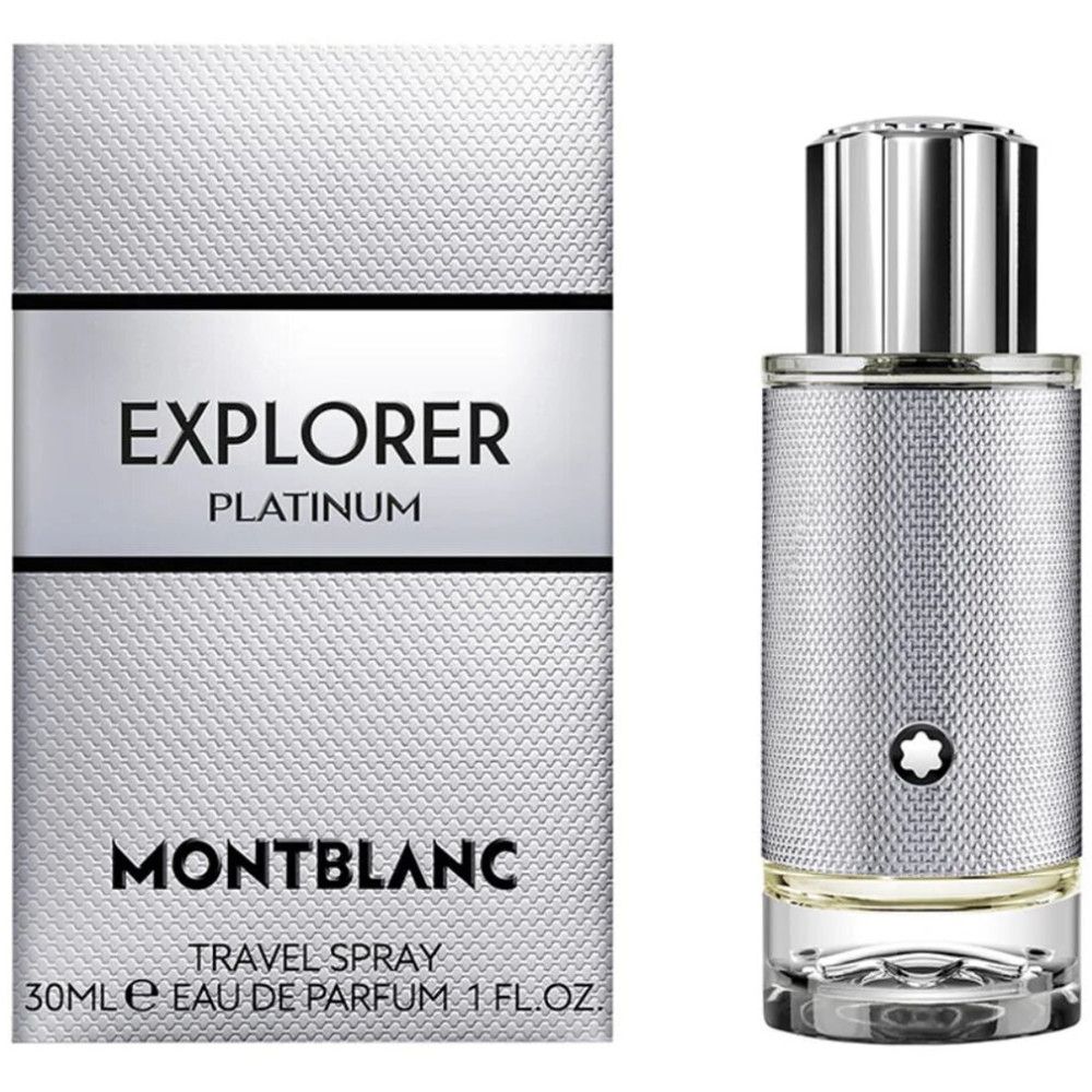 Montblanc Explorer Platinum EdP Nat. Spray. Fles en verpakking. Zilverkleurig ontwerp met logo en tekst. 30ml.