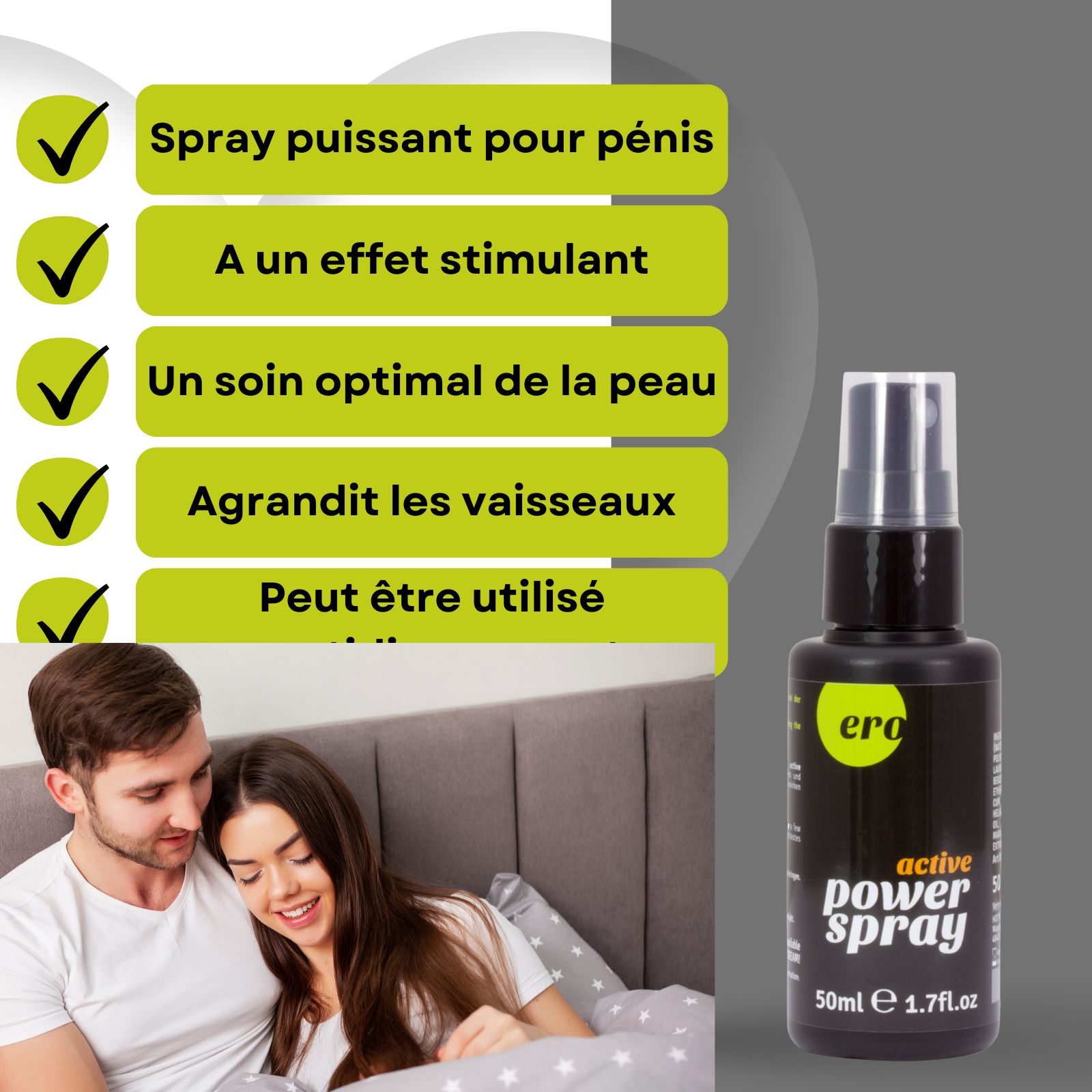 Flacon et emballage du produit. Couple au lit. Texte : Spray puissant pour pénis, etc.