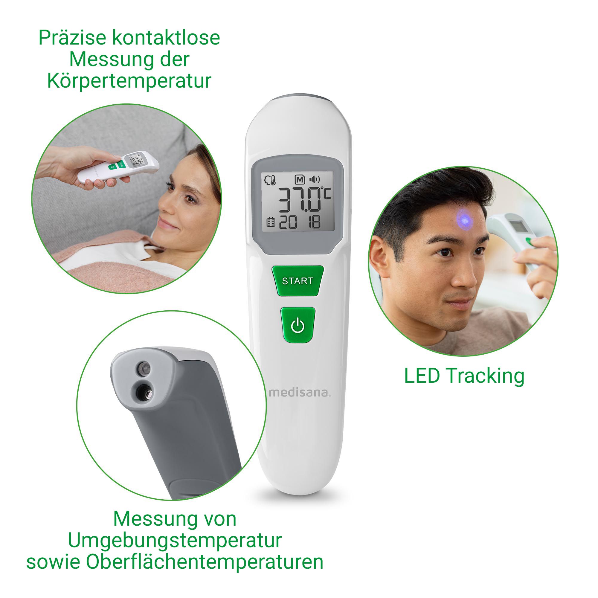 Medisana thermometer: Voorhoofdsmeting, LED-tracking, meting omgevingstemperatuur/oppervlakte.