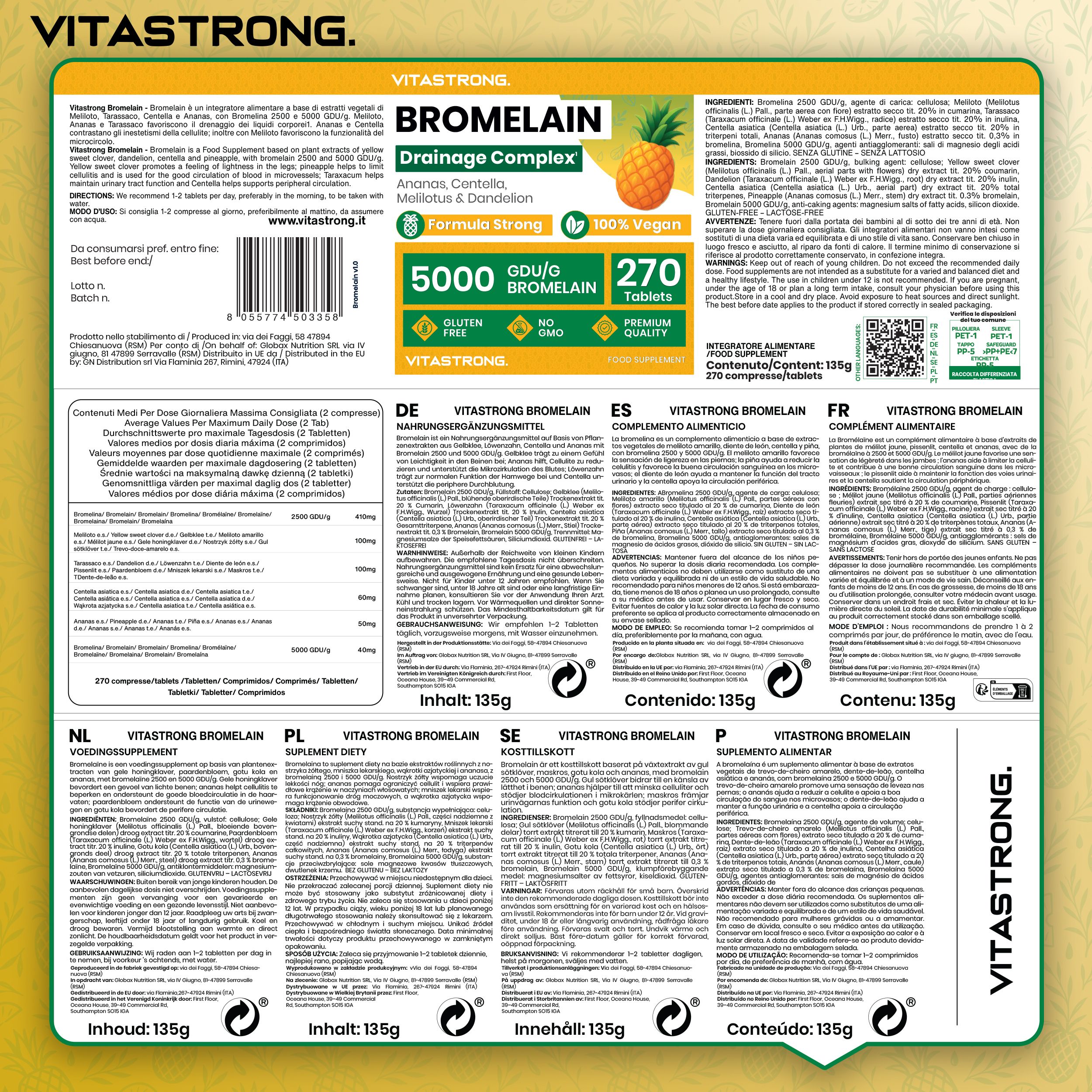 Bouteille Vitastrong Bromelain. 5 extraits, 270 comprimés, 100% Végétalien. 60-120 comprimés par boîte.