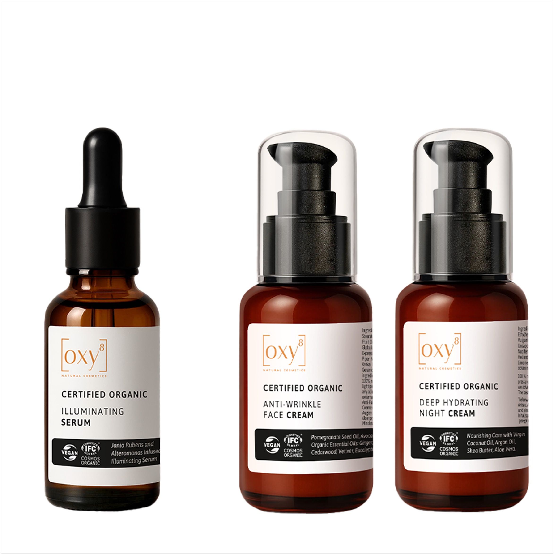 Trois flacons OXY8 Cosmétiques : sérum, crème visage, crème nuit.