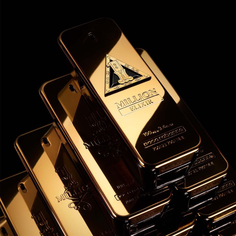 Plusieurs flacons dorés. Inscription: Million Elixir. Fond noir.