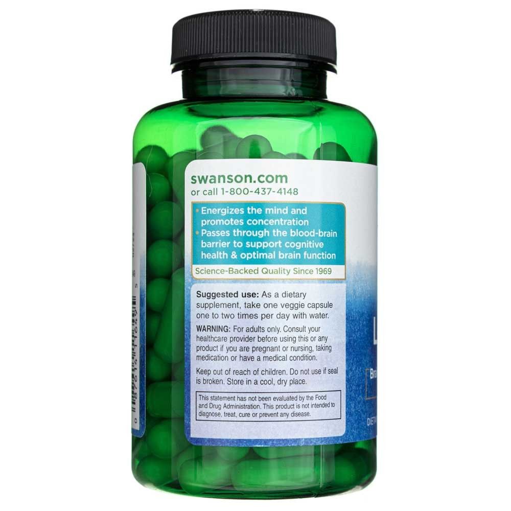 Arrière d'une bouteille de Swanson Acetyl L-Carnitine avec informations produit et site web.