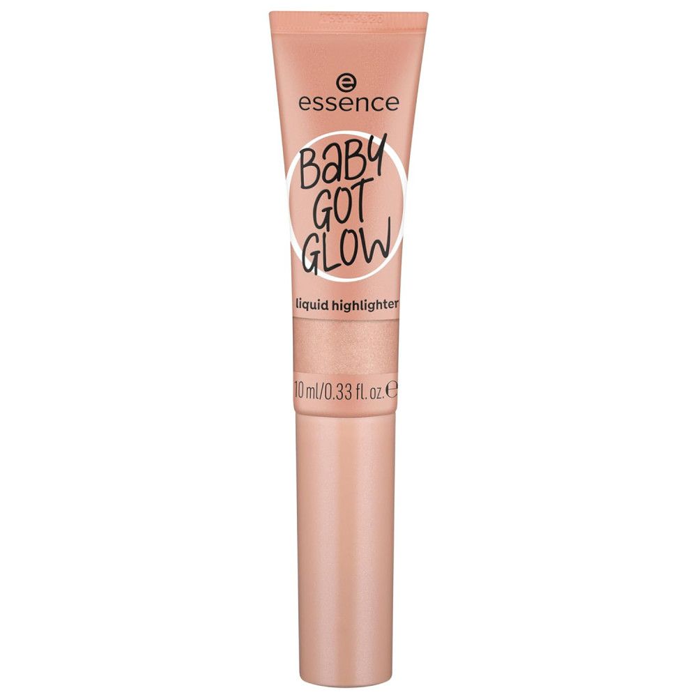 Highlighter liquide en tube. Marque: Essence. Texte: Baby Got Glow, Liquid Highlighter. Volume: 10 ml/0.33 fl. oz. Avec applicateur.