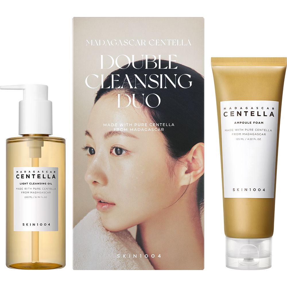 Ensemble Duo Double Nettoyage. Comprend une bouteille d'huile nettoyante avec pompe et un tube de mousse ampoule. Les deux produits portent la marque SKIN1004.